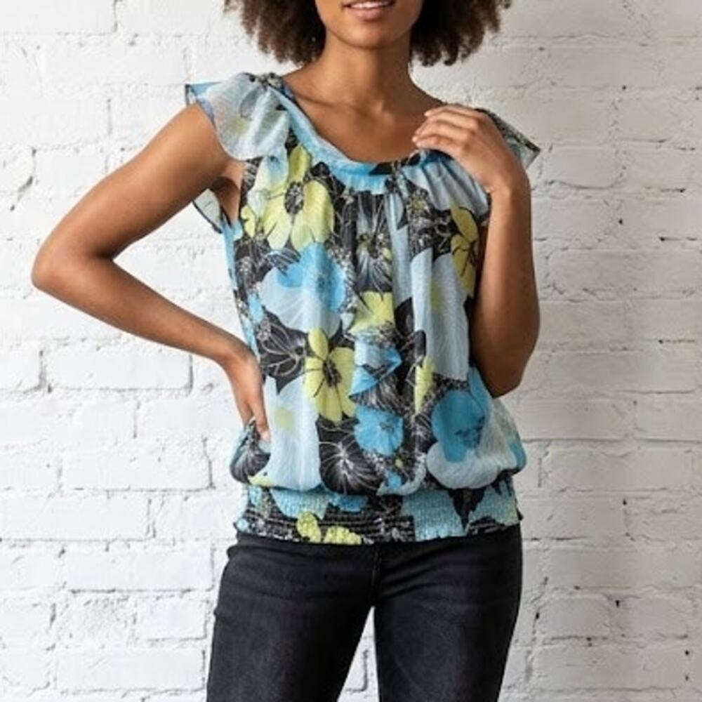 Bellatrix 100% Silk Floral Ruffle Cap Sleeve Blouse Women's L Blue Yellow NWT